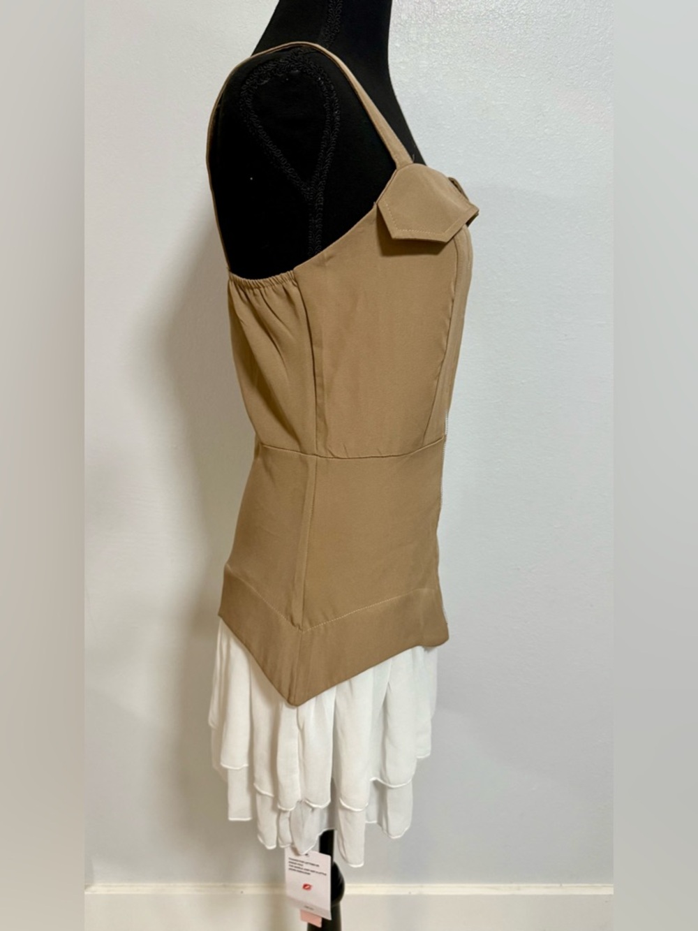 Women’s Beige Corset Mini Dress Zip Front Ruffle Hem Strappy S/M Bodycon - Picture 4 of 5